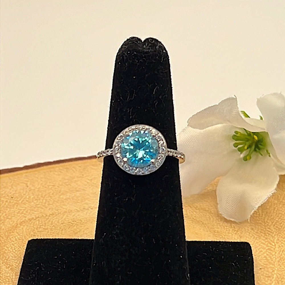 Round Cut Halo Aquamarine Gemstone & Cubic Zirconia Sterling Silver Ring